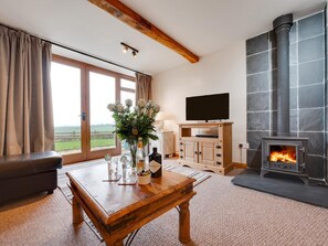 A living room with a fireplace, a television, and a view of the outdoors. - 2 Bed in South Molton (oc-88992) (Bishops Nympton)