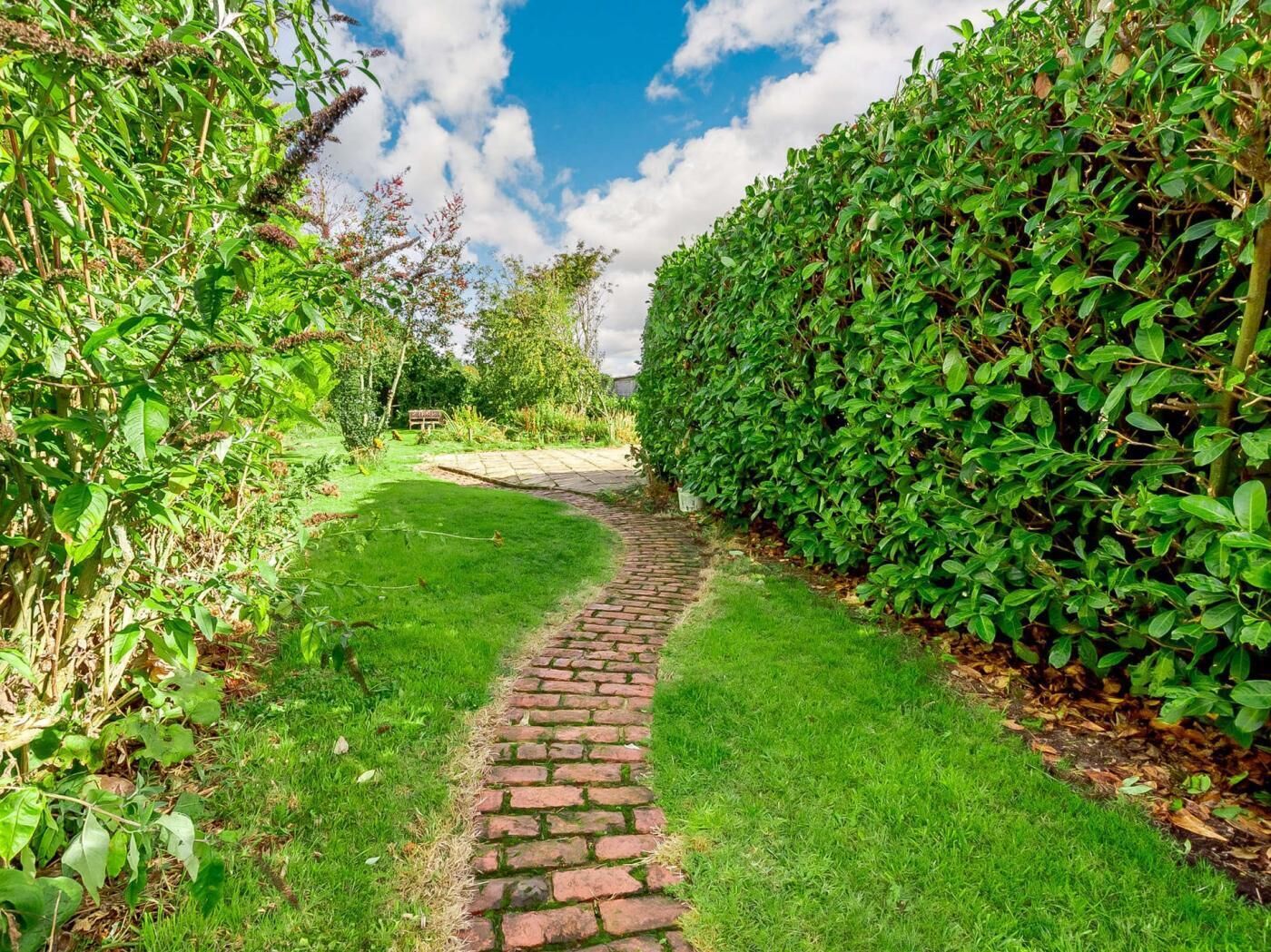 Ein gepflasterter Gartenweg, gesäumt von üppigen Grünhecken.