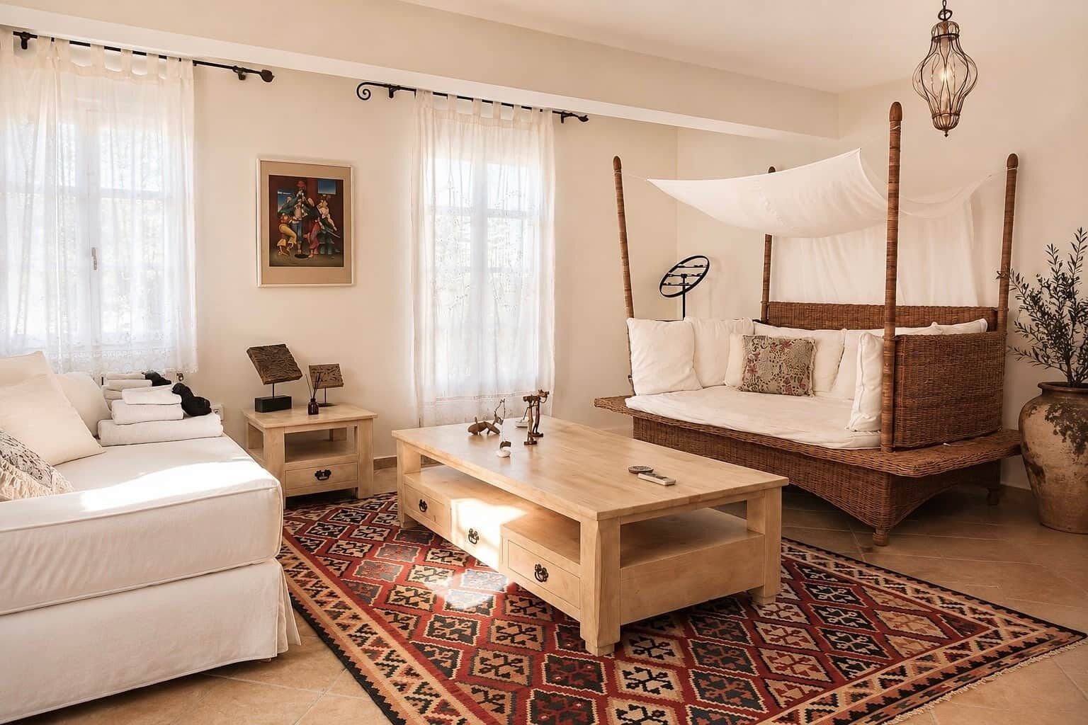 A bedroom with a four-poster bed, a daybed, a sofa, a wooden coffee table, and a patterned rug.