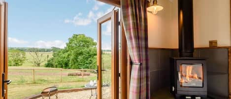 A room with a large window, a fireplace, and a view of a grassy field.