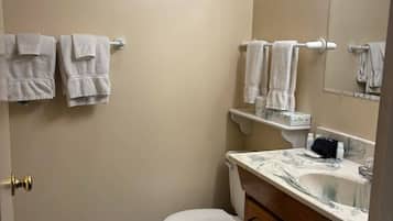 Een badkamer met toilet, wastafel en handdoekhouder.