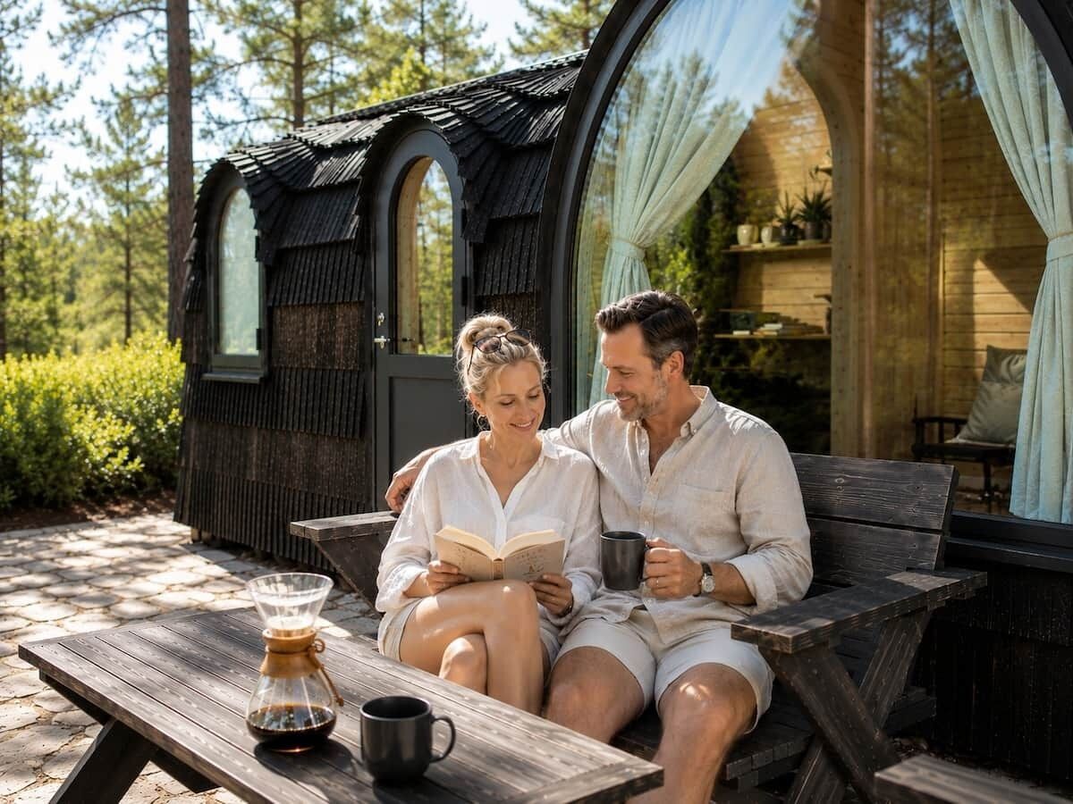 A couple sitting on a wooden bench outside a rustic cabin with a coffee pot and mug on the table.