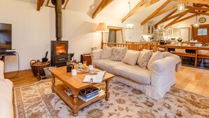 A cozy living room with a fireplace, a sofa, a coffee table, and a television. - 4 Bed in Kingsbridge (oc-90027) (South Huish)