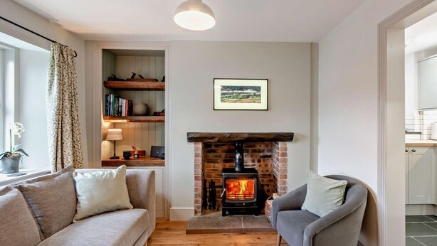 Una sala acogedora con chimenea, un sofá, un sillón, una estantería y una lámpara colgante.