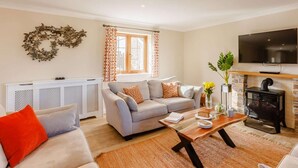 A living room with a sofa, a coffee table, a fireplace, and a television. - 3 Bed in Bideford (oc-89866) (Westward Ho!)