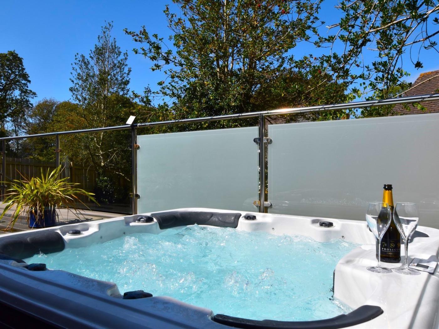 A hot tub with a bottle of champagne and glasses, surrounded by a metal railing and trees.
