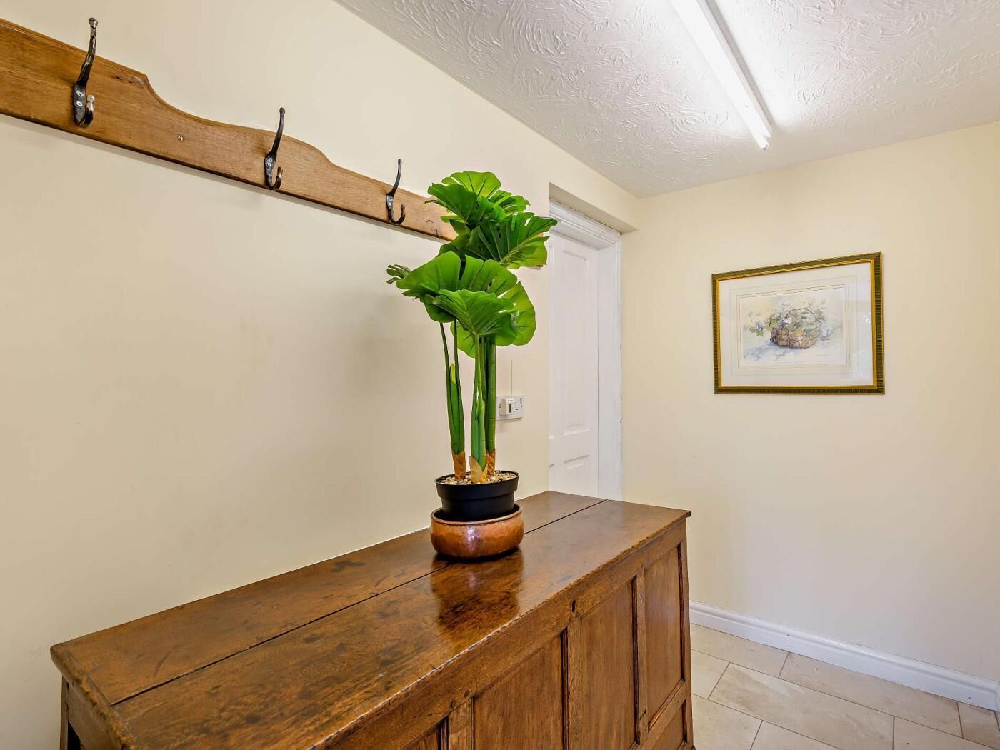 Une console en bois, sur laquelle est posée une plante en pot, un porte-manteau et un tableau encadré au mur.