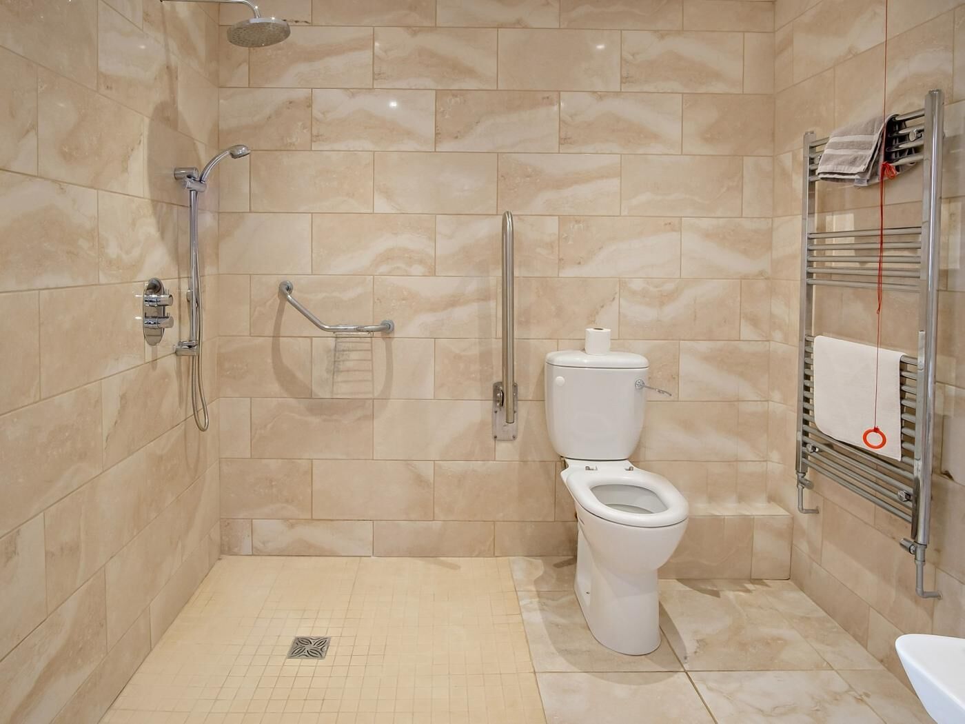 Een moderne badkamer met een inloopdouche, handgrepen, een toilet met een papieren handdoekhouder en een handdoekrek.