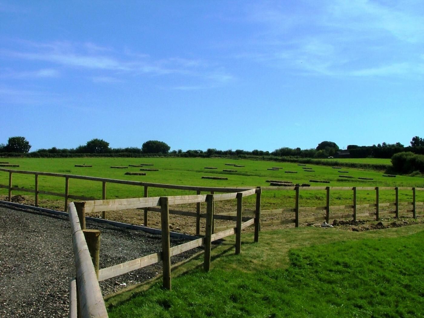 Un paysage rural avec un champ délimité par une clôture, un chemin de gravier et un ciel bleu dégagé.