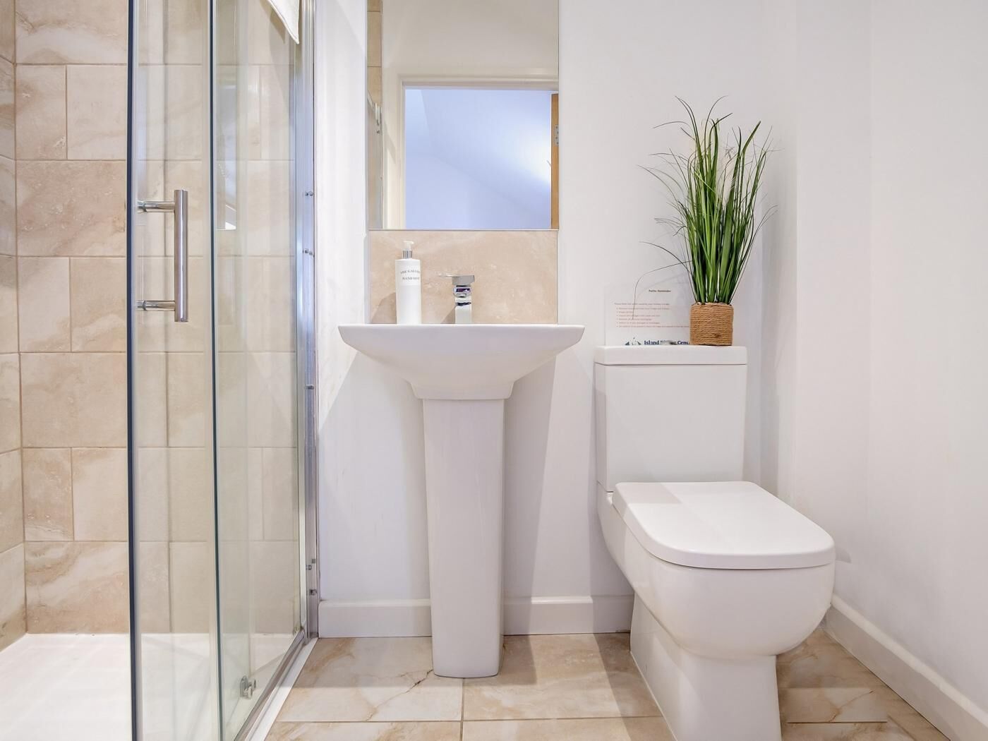 A bathroom with a glass shower enclosure, a pedestal sink, a toilet, and a potted plant.