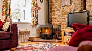A cozy living room with a stone wall, a fireplace, a television, and a patterned rug. - 2 Bed in Penrith (oc-90415) (Gamblesby)