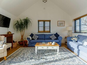 Ein Wohnzimmer mit blauem Sofa, Couchtisch, Blumentopf und einem an der Wand befestigten Fernseher.