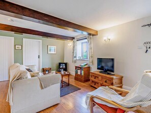 Een gezellige woonkamer met een bank, fauteuil, houten tv-meubel en een open haard.