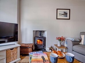 A cozy living room with a fireplace, a television, a magazine, and a sofa. - 3 Bed in Porthmadog (oc-90615) (Borth-y-Gest)