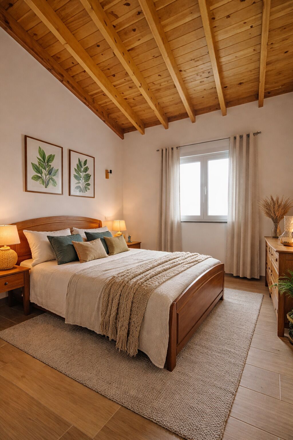 Ein Schlafzimmer mit Holzboden, einem Bett mit Kopfteil, zwei gerahmten Pflanzenbildern an der Wand, einem Fenster mit Vorhängen und einem Nachttisch mit Lampe.