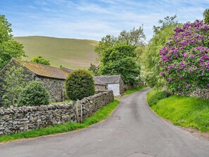 Ein ländlicher Weg mit Steinmauern, einem Steinhäuschen und einem Strauch mit violetten Blüten.