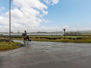 A rural road with a horse and rider, stone walls, and a clear sky. - 1 Bed in Holmfirth (oc-91106) (Hade Edge)