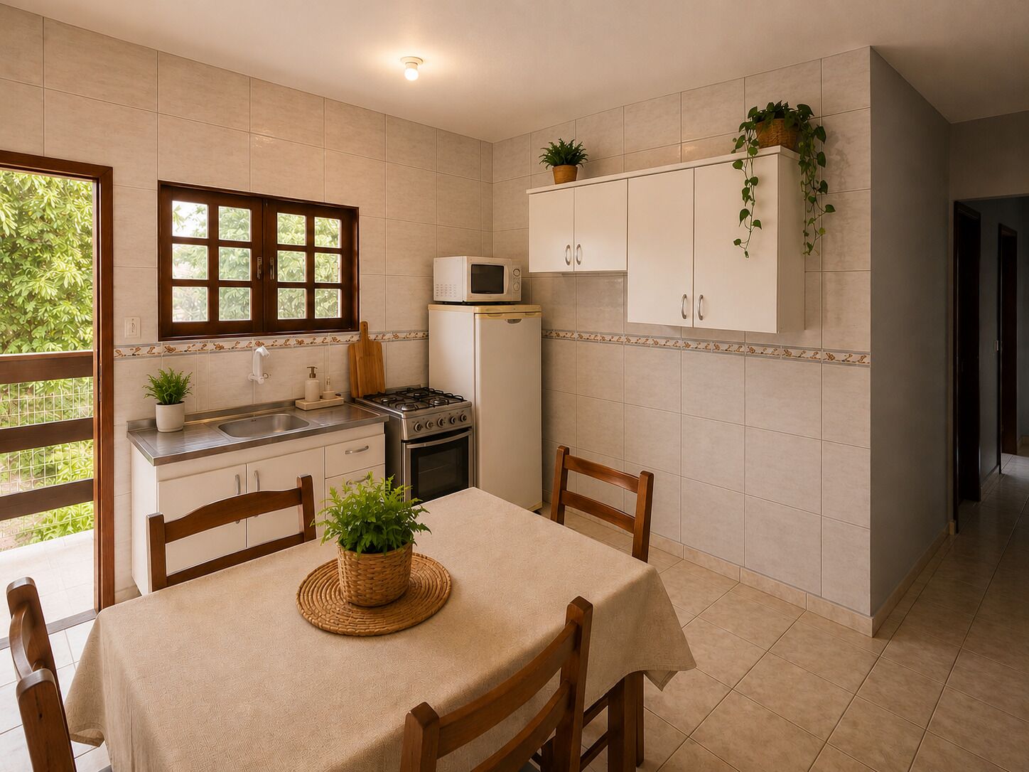 Uma cozinha com mesa de jantar, cadeiras, fogão, micro-ondas, armários e plantas em vasos.