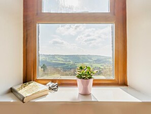Ein Fenster mit Blick auf sanfte Hügel, ein Blumentopf und ein Buch auf einem Fensterbrett.