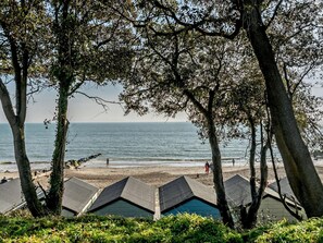 A beach with beach huts, trees, and the sea. - 1 Bed in Christchurch (oc-91319) (Christchurch)