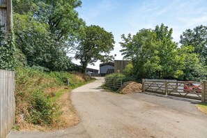 A rural road leading to a gated area with a building in the background.