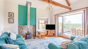 Een gezellige woonkamer met een open haard, een televisie en een balkon met tuinmeubilair.