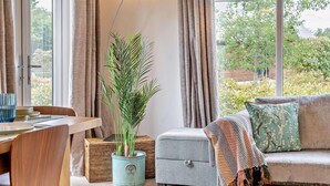 A cozy living room with a dining area, a potted plant, a sofa with a throw blanket, and a lamp. - 3 Bed in Swansea (oc-91721) (Upper Killay)