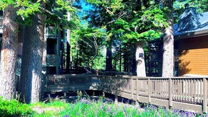 A wooden deck connecting two buildings, surrounded by trees and purple flowers. - Cozy Village Condo | Hot Tub, Sauna, Fireplace (Mammoth Lakes)