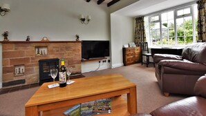 A living room with a fireplace, a television, a sofa, and a window with a view of greenery. - 1 Bed in Matlock (oc-91824) (Paddocks)