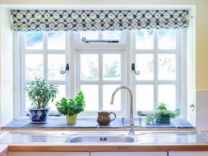 Une cuisine avec une fenêtre, un évier et des plantes en pot.