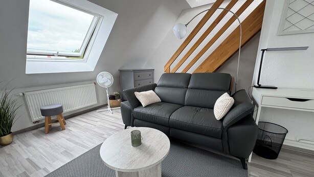 Un salon moderne avec un canapé, une table basse, un radiateur, un ventilateur et une fenêtre.