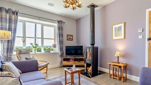 Ein Wohnzimmer mit Sofa, Fernseher, Kamin und einem Fenster mit Vorhängen.