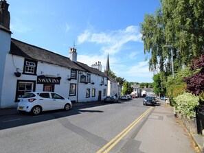 A white building with a sign reading 'SWAN INN' on a street with parked cars.