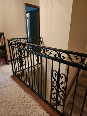 A staircase with a black wrought iron railing, carpeted steps, and a wooden handrail.