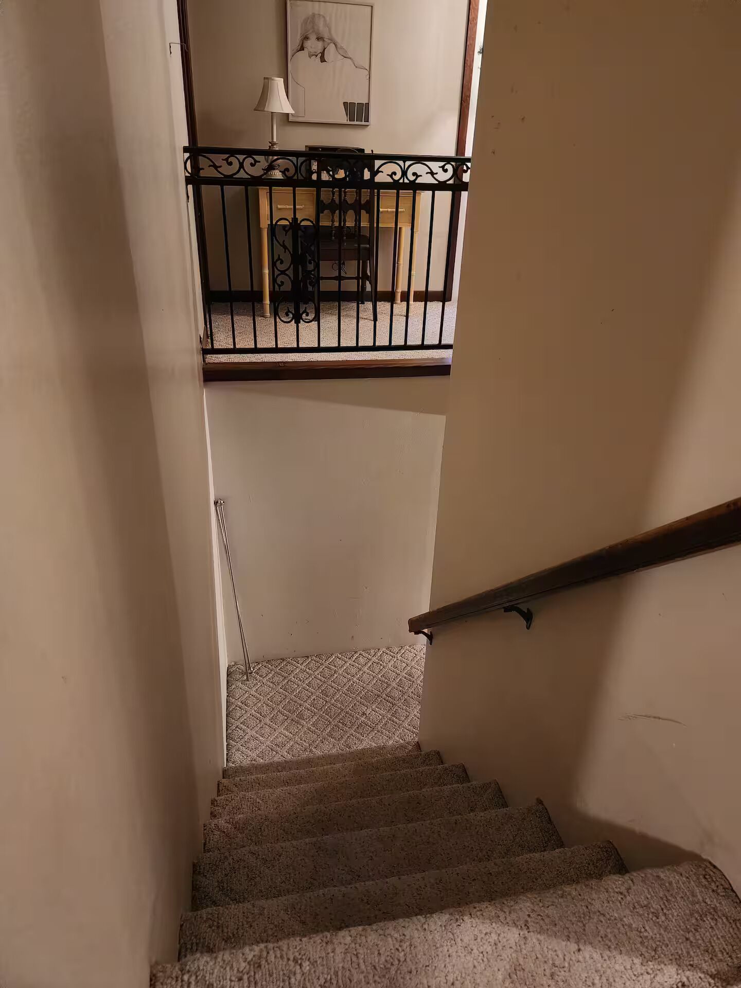 A staircase with a handrail, carpeted steps, and a railing with decorative elements.
