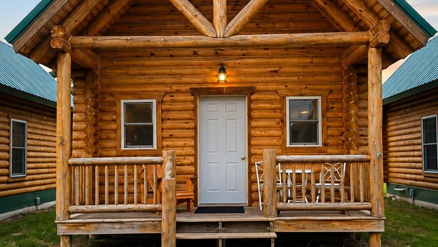 A log cabin with a front porch, a central door, and two windows on either side. - Blisspoint Munising (Munising)