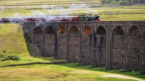 Un train à vapeur traverse un viaduc en pierre au-dessus d’un paysage verdoyant.