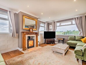 A living room with a fireplace, television, and green sofa. - 4 Bed in Caldicot (oc-92583) (Penhow)