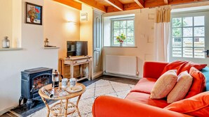 Un salon chaleureux avec une cheminée, un téléviseur, un canapé rouge et une fenêtre donnant sur un beau paysage.