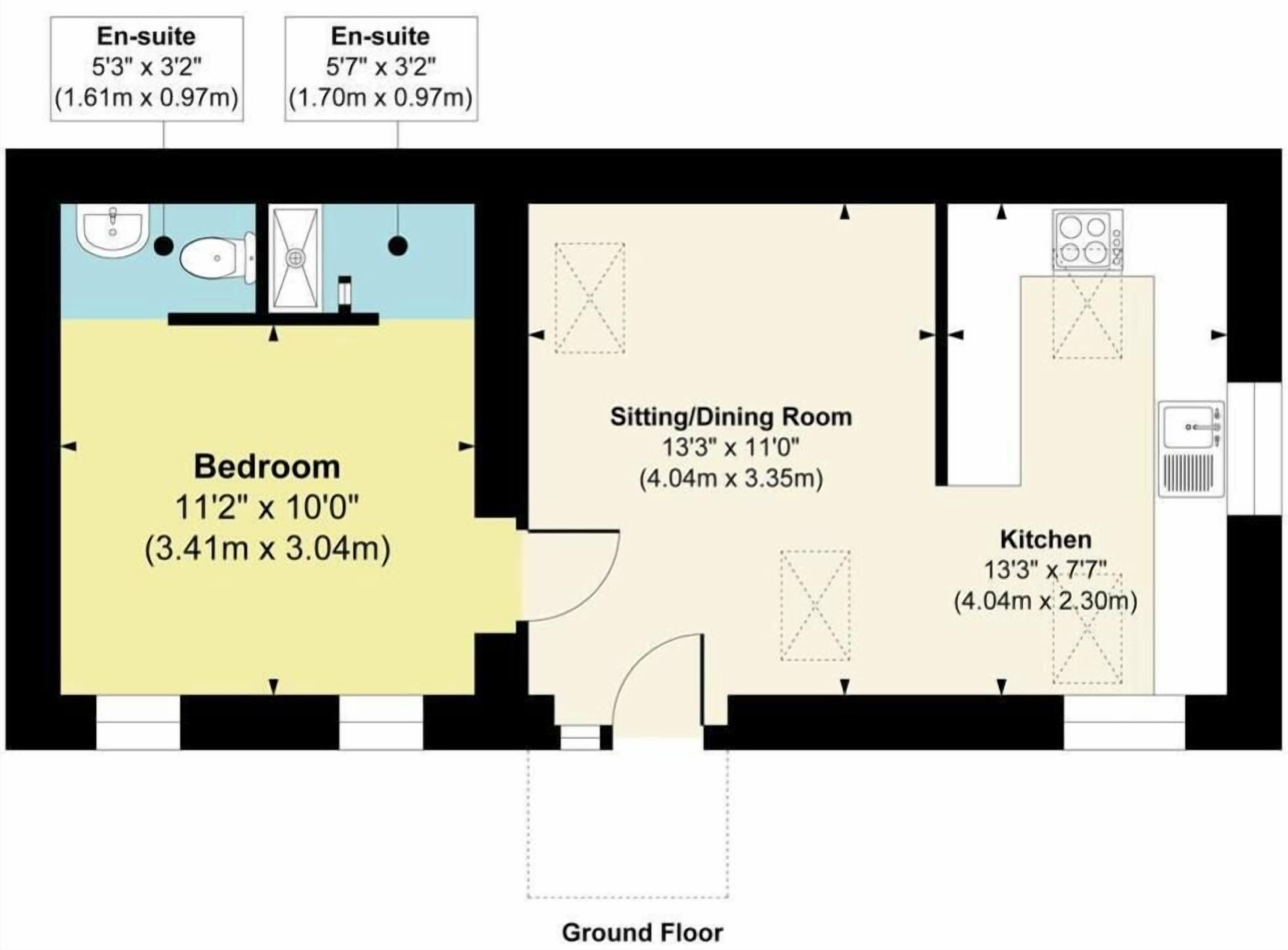 Ein Grundriss mit einem Schlafzimmer, einem Wohn- und Essbereich und einer Küche.