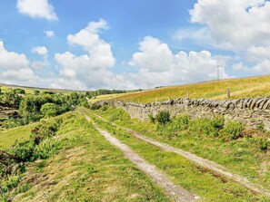 Ländliche Landschaft mit einer Steinmauer, einem Feldweg und grünen Feldern.