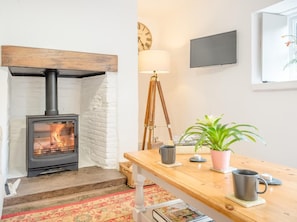 Una habitación acogedora con una estufa de leña, un reloj, un televisor de pantalla plana y una mesa de madera con una planta y tazas.