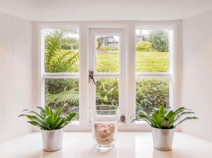 Una habitación con tres ventanas, una puerta y dos plantas en macetas sobre una superficie blanca.