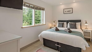 A bedroom with a bed, bedside tables, a TV, a window with a view of trees, and a framed picture on the wall. - 2 Bed in Paignton (oc-93062) (Marldon)