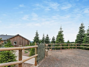 A wooden fence with a gate, a gravel path, and coniferous trees in the background. - 2 Bed in Paignton (oc-93062) (Marldon)