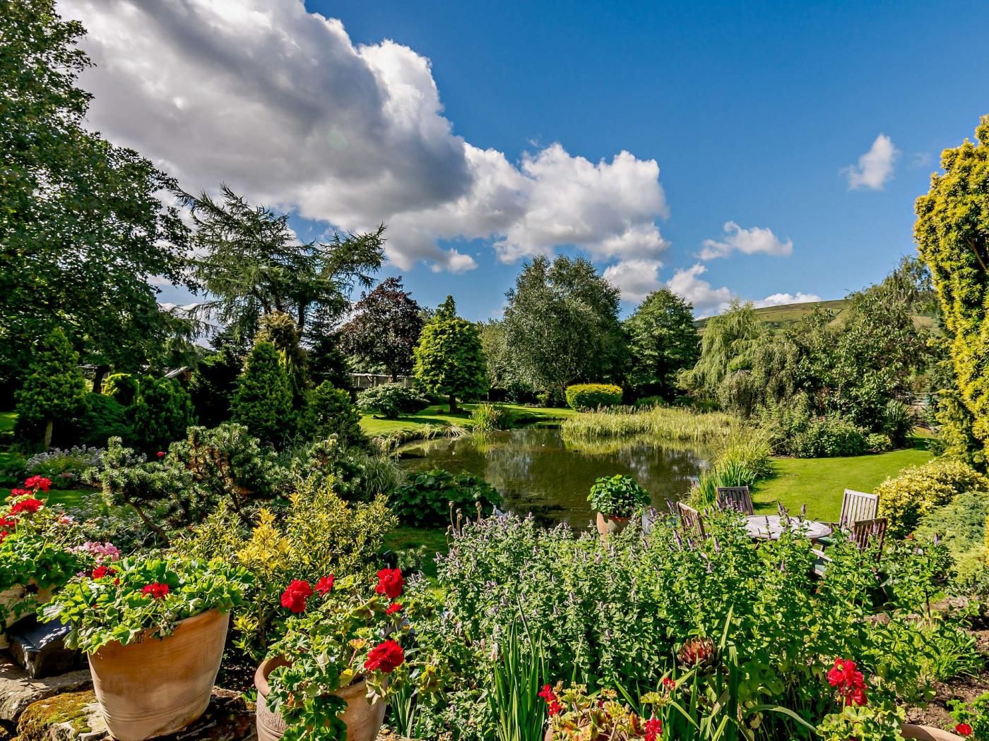 A garden with a pond, various plants, and a seating area.