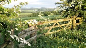 A rustic wooden gate in a lush green field with a clear view of the countryside. - 1 Bed in Lockerbie (oc-93110) (Lockerbie)