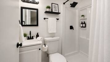 Shower, hair dryer, towels, soap