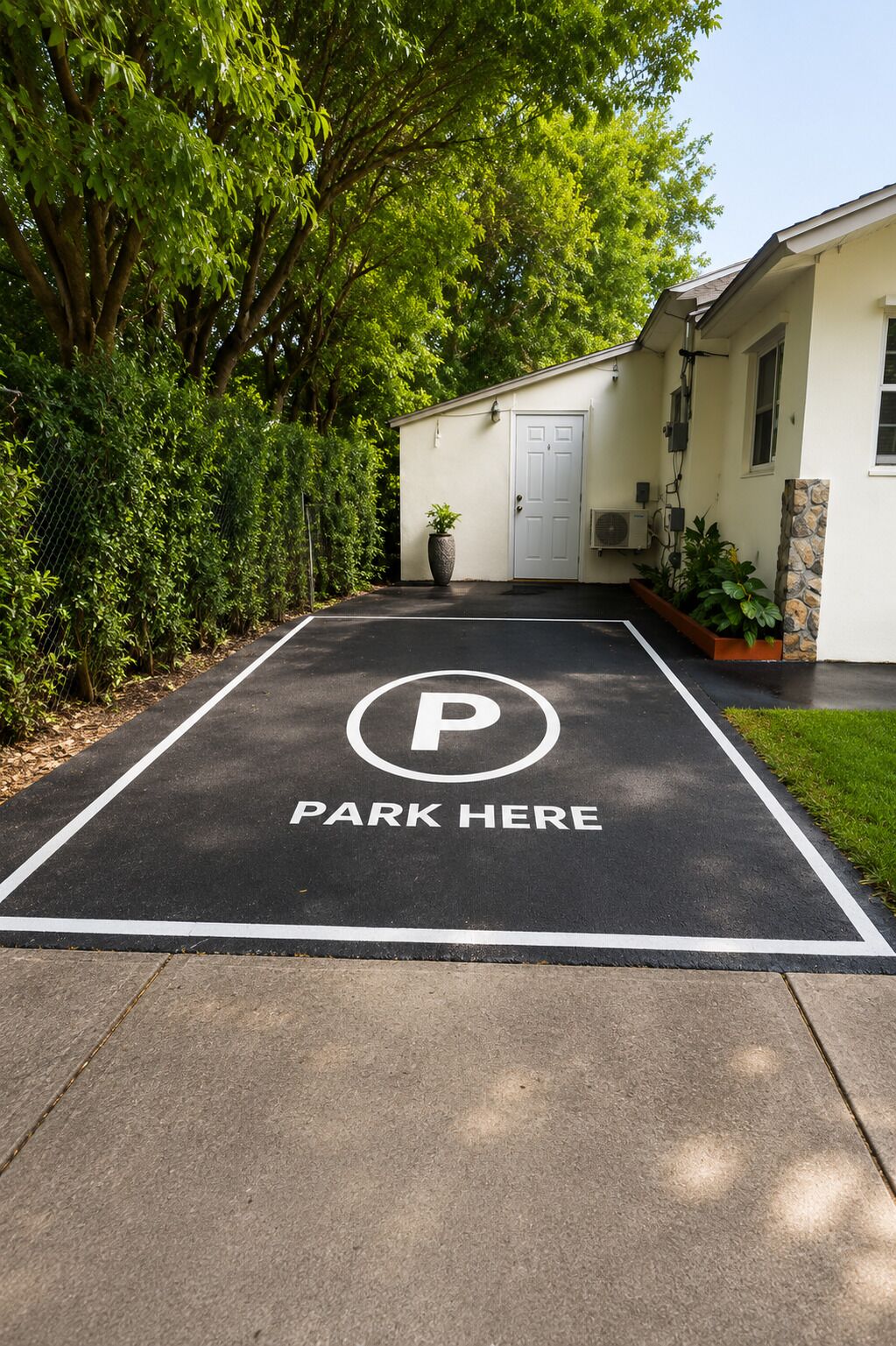 A parking area with a 'PARK HERE' sign and a 'P' symbol on the ground.