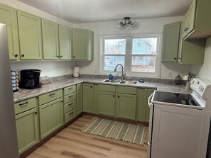 Una cocina con armarios verdes, un lavamanos doble, una cafetera y una ventana con vistas a casas.
